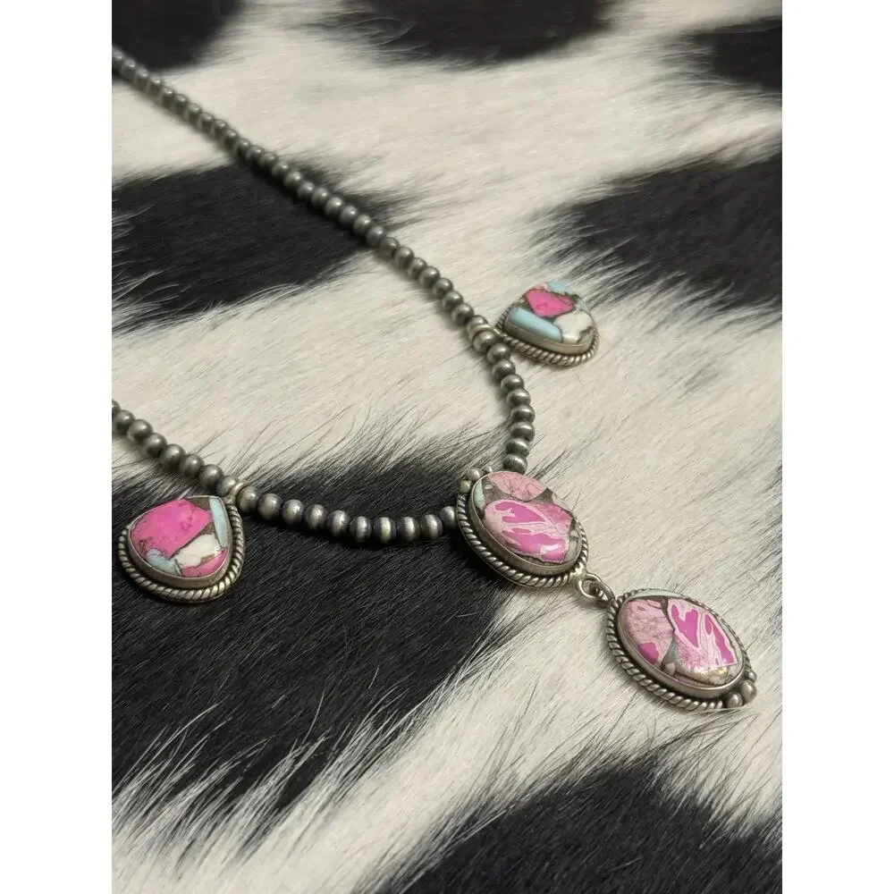 Native American 4mm Navajo Pearl Sterling Silver Cotton Candy Turquoise Necklace